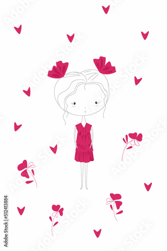 little girl in a crimson dress. Isolated vector illustration for print, surface design, fashion
