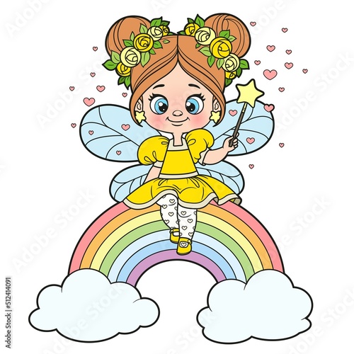 Cute cartoon little fairy casts spell with magic wand and sit on a rainbow outlined for coloring on white background