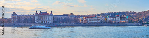 Fotografie Panorama of Danube River embankment with Corvinus University corps, Budapest, Hu
