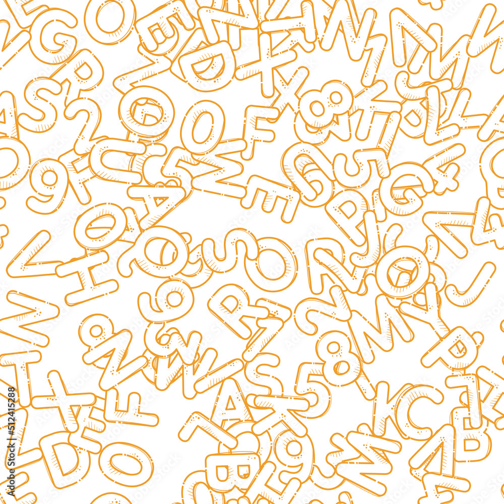 Pasta cartoon alphabet. Font from letters and numbers in the form of macaroni. Lettering from pasta soup. Seamless pattern for backgrounds, wallpapers, textile composition. Vector hand drawn. Pasta cartoon alphabet. Font from letters and numbers in the form of macaroni. Lettering from pasta soup. Seamless pattern for backgrounds, wallpapers, textile composition. Vector hand drawn.