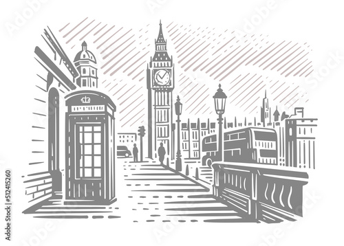 London city with Big Ben. Hand drawn line sketch European old town.