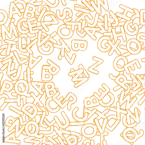 Pasta cartoon alphabet. Font from letters in the form of macaroni. Lettering from pasta soup. Seamless pattern for backgrounds, wallpapers, textile composition. Vector hand drawn.