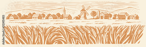 Wheat Organic Farming landscape. Farm and Fields with Harvest