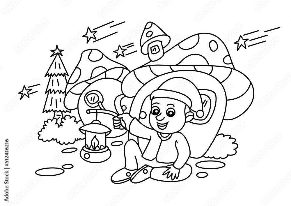 child with mushroom house cartoon coloring page for kids
