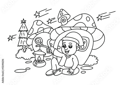 child with mushroom house cartoon coloring page for kids