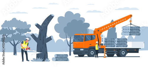 A worker prepares firewood with a chainsaw and loads it into a truck. Vector illustration.