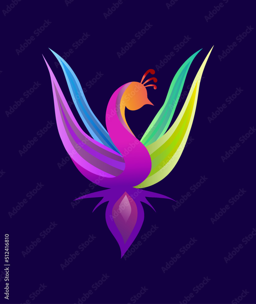Colorful abstract peacock logo on dark blue background. Colorful abstract peacock logo on dark blue background.