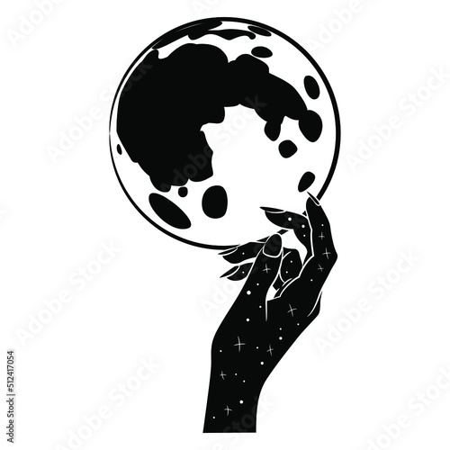 Beautiful female hand as starry night touching full moon. Creative concept. Feminine lunar magic. Goddess Selene or Nyx. Black and white silhouette.