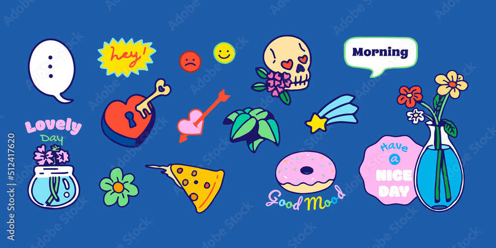 Set of Hand drawn isolated vector patches, pins, stamps or sticker pack with funny cute characters and trendy illustrations. Colorful planning decoration , Prints and social media post