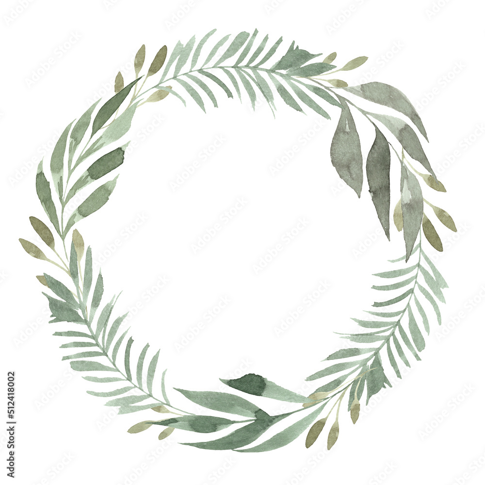 Elegant botanical watercolor wreath with green foliage isolated on white.