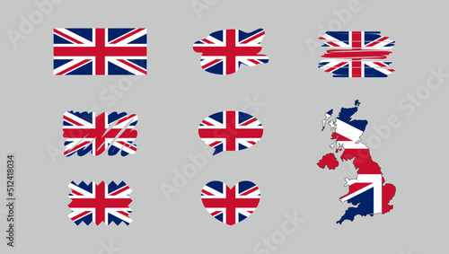 United Kingdom flags set. Various designs on gray background. Map. World flags. Vector set. Circle icon, speak cloud, heart shape. Hand drawn style. Collection of national symbols. 