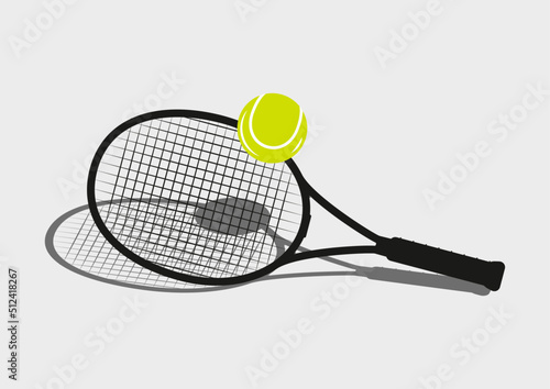Tennis racket and ball with shadow isolated on gray background. 
