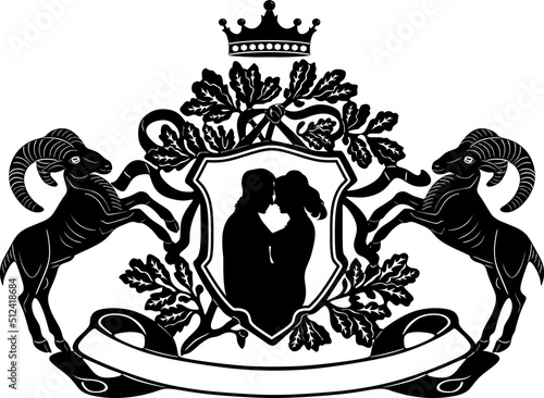 couple in love celebration marriage man and woman black design with vintage frame and goat animal