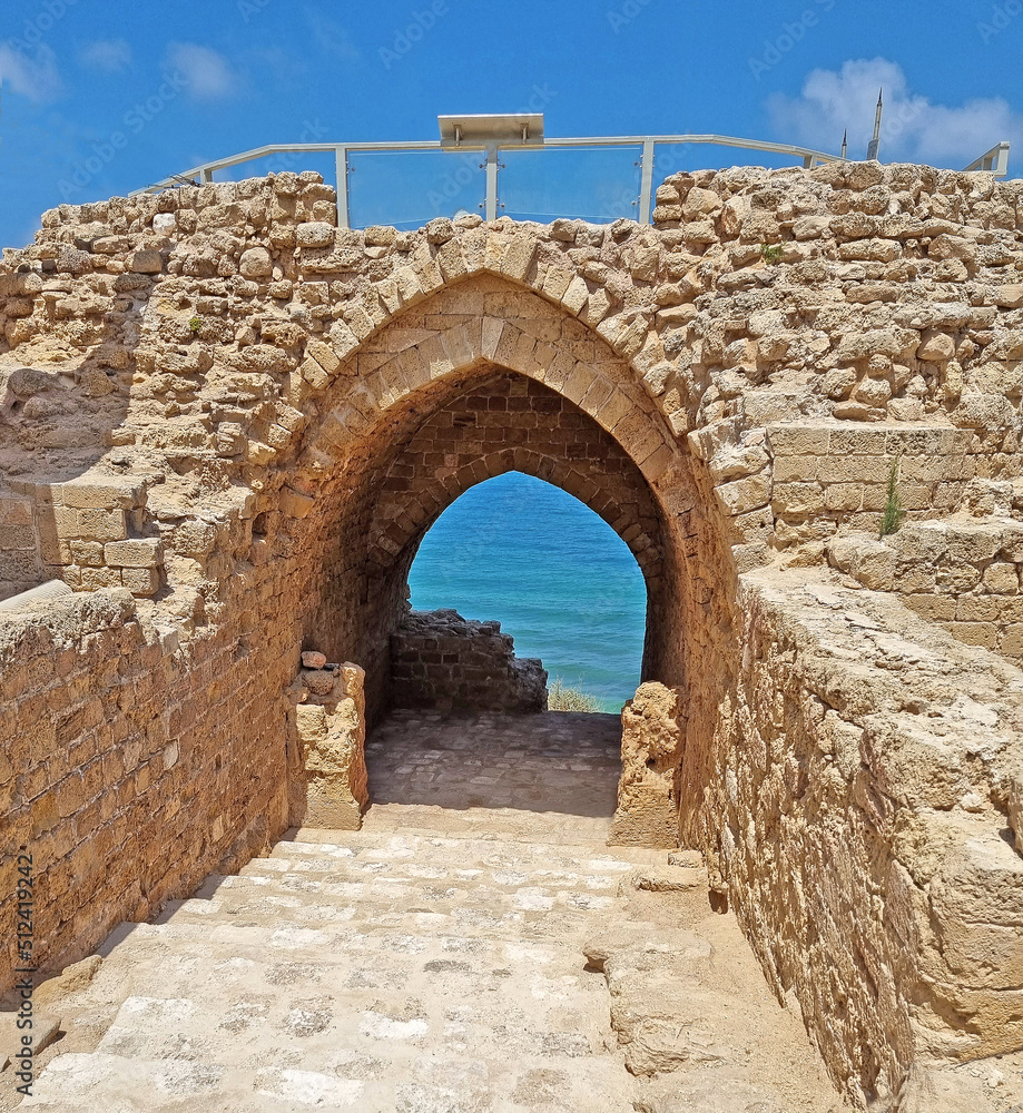 Vault of the gate of the passage to the Crusader fortress in the Apollonia National Park in Israel