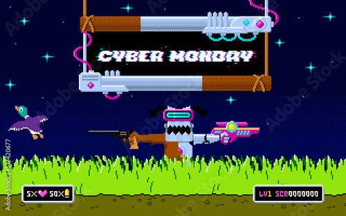 Cyber Monday banner. Retro 8bit game background in pixel art design, vector illustration.