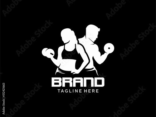 gym and fitness logo inspiration silhouettes of man and woman lifting barbell or dumbbell isolated on black background