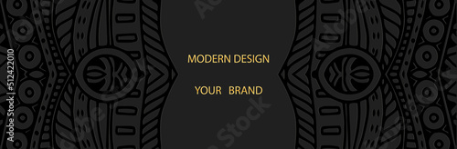 Banner, cover design. Embossed 3D doodling pattern on a black background, space for text. Ethnic style, tribal ornaments, textures of East, Asia, India, Mexico, Aztec, Peru brochure, booklet, flyer.