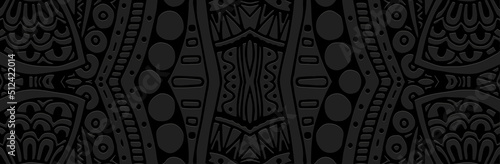 Banner, cover design. Artistic relief 3d doodling pattern on a black background. Ethnic style, tribal ornaments, textures of East, Asia, India, Mexico, Aztec, Peru brochure, booklet, flyer, website.