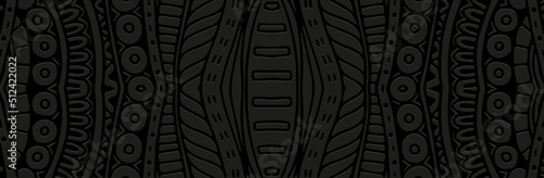 Banner, cover design. Creative relief 3d doodling pattern on a black background. Ethnic style, tribal ornaments, textures of East, Asia, India, Mexico, Aztec, Peru brochure, booklet, flyer, website.