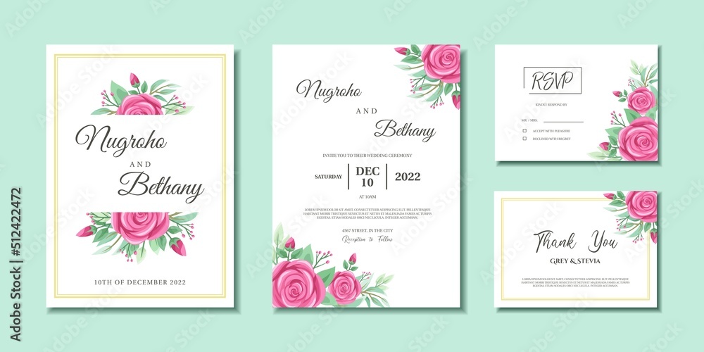 Wedding invitation with beautiful wreath of pink rose and leaves. Wedding invitation, Thank you card and RSVP with rose flower bouquet.