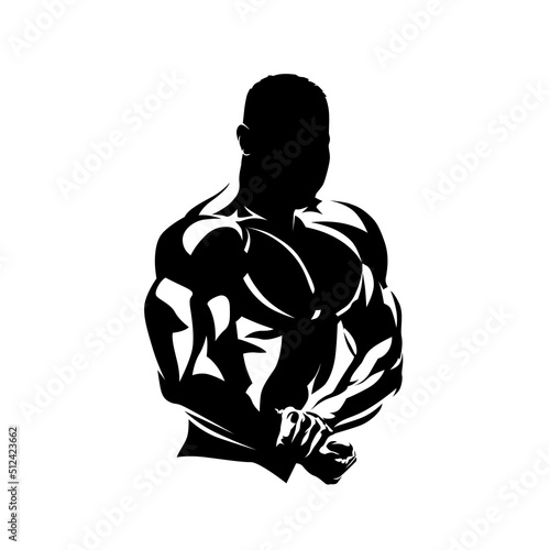 Bodybuilder posing and showing off big muscles. Bodybuilding gym logo. Abstract isolated vector silhouette, ink drawing
