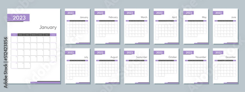 2023 calendar template. Corporate and business planner diary. The week starts on Sunday. Set of 12 months pages.