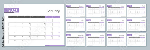 2023 calendar template. Corporate and business planner diary. The week starts on Monday. Set of 12 months pages.