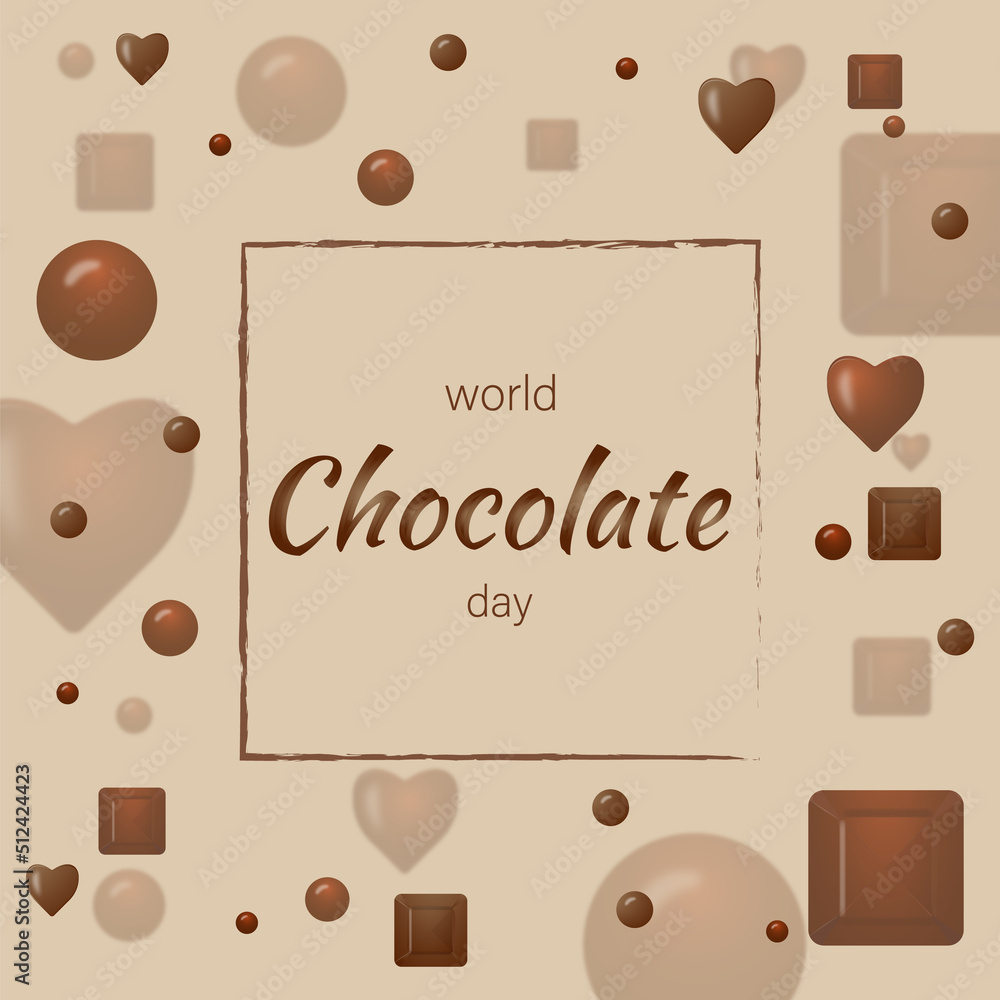 Chocolate background with small red and brown  colored and shape chocolates. 