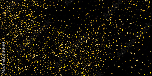 Golden glitter confetti on a black background. Illustration of a drop of shiny particles. Decorative element. Luxury background for your design, cards, invitations, gift, vip.