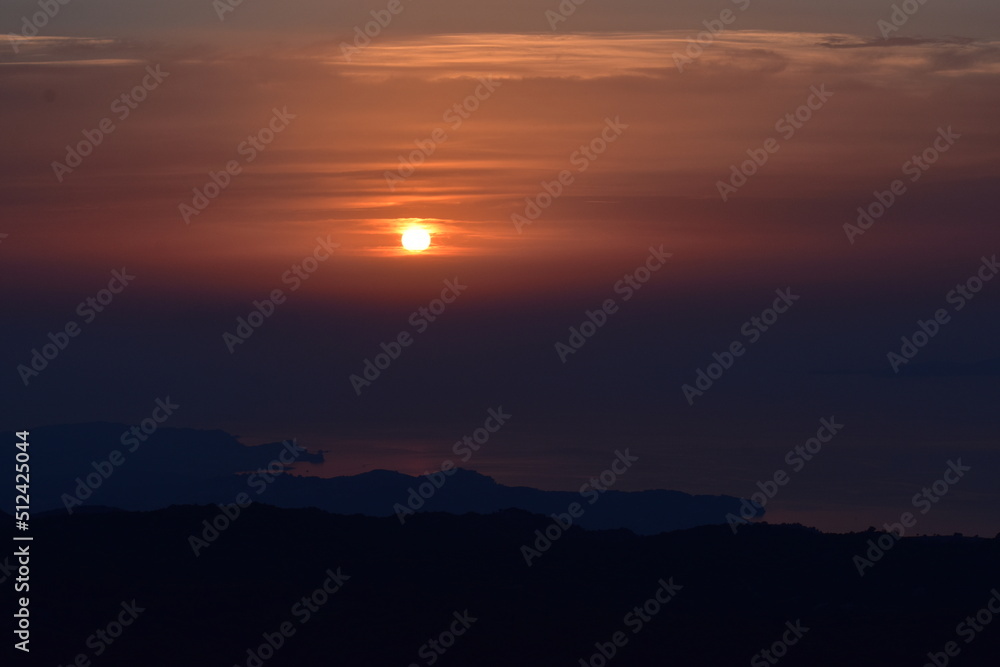 Beautiful sunset from mount pantokrator in Corfu,Greece