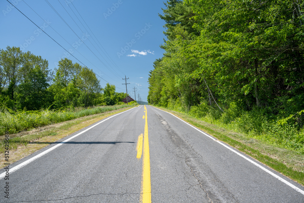 View of a road in perspective in summer in Clinton County New York View of a road in perspective in summer in Clinton County New York