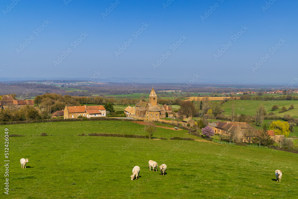 Fototapeta premium Spring landscape with cows and eglise Notre Dame de Lancharre, Bourgogne, France