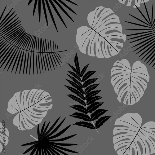 Abstract monochrome background from leaves. Beautiful seamless paper art illustration with tropical palm leaves background. Leaf pattern. Natural flower pattern.