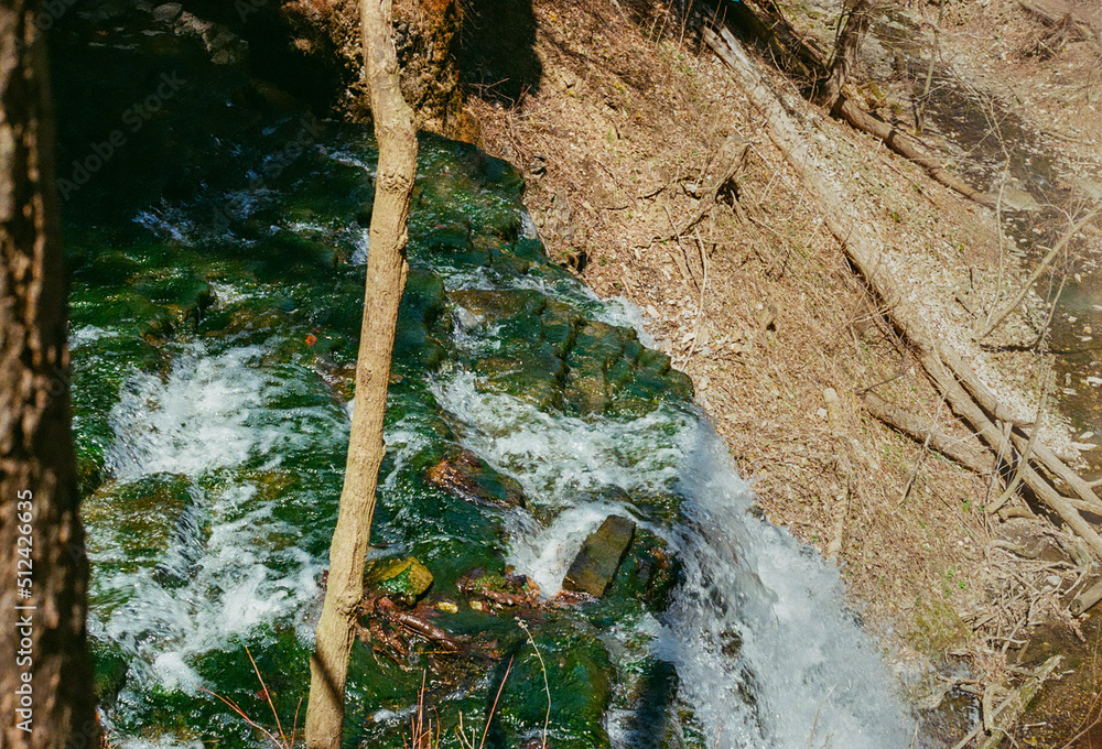 A river and waterfall run through a majestic Forest A river and waterfall run through a majestic Forest