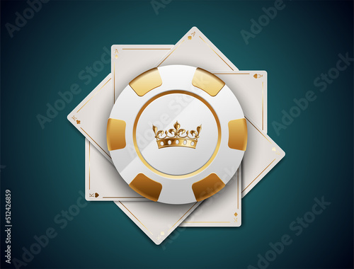 VIP poker luxury white and golden chip on white aces and kings playing cards vector casino logo. Royal poker tournament or club emblem with crown on turquoise background