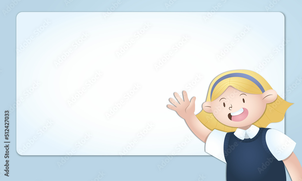 Illustration blonde girl waving with space for back to school message Illustration blonde girl waving with space for back to school message