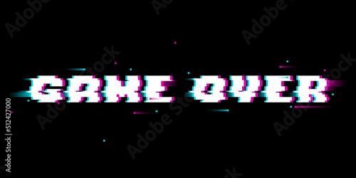 Game over inscription in distorted glitch style. Vector illustration on black background