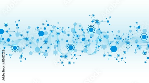 Vector blue background. Pattern of hexagons, lines, waves. Design of puzzle plexus. Digital network. Chemical chain of molecules. Banner technology, business, science, medicine.
