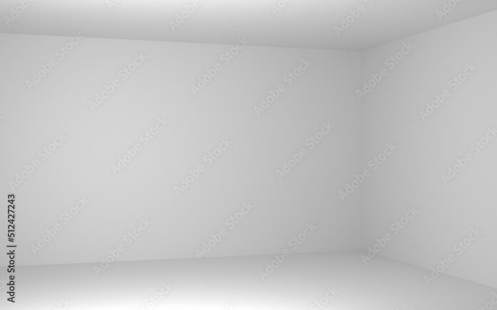 3D rendering of a corner of a room with an empty space background. White background with light white walls and white floor