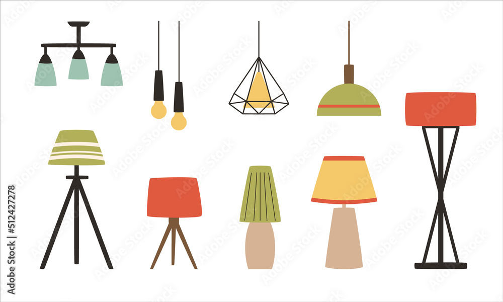 Set of lamp in modern style. Scandinavian ceiling lamp, table lamp, floor lamp. Flat vector Lighting elements. Set of lamp in modern style. Scandinavian ceiling lamp, table lamp, floor lamp. Flat vector Lighting elements.