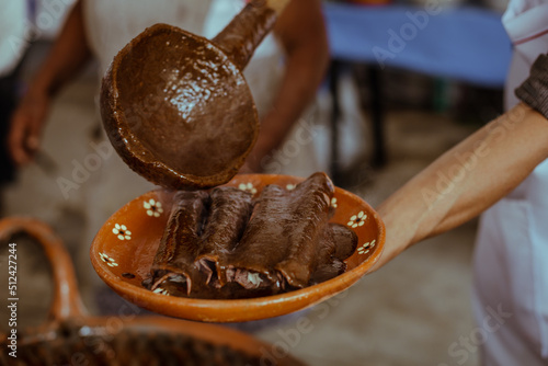 Wrapped with Mole from San Lucas Atzala, Puebla with red corn tortilla photo