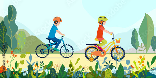 Flat happy kids on bicycles on a park road with flowers and leaves. Children riding colorful bikes outdoor sport in natural summer landscape by pathway track through green. Vector illustration.