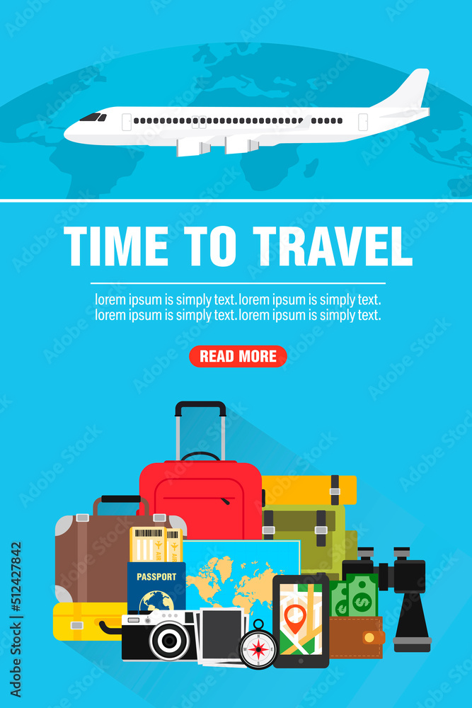 Time to travel in flat design style. Travel the world by plane