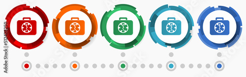 First aid, rescue concept vector icon set, modern design abstract web buttons in 5 color options, infographic template