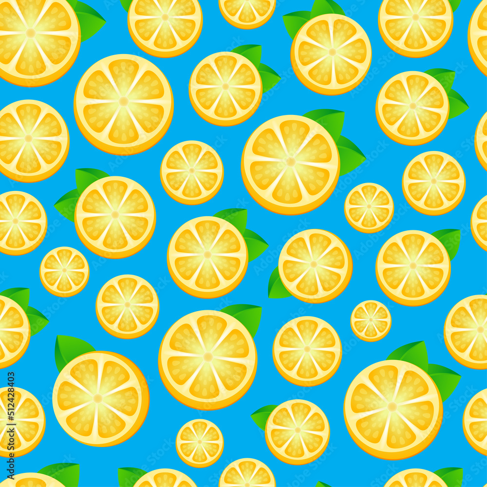 Seamless pattern with lemons-vector illustration. Slices of lemon on a blue, turquoise background. Seamless fruit background for banners, printing on fabric, labels, printing on T-shirts. Seamless pattern with lemons-vector illustration. Slices of lemon on a blue, turquoise background. Seamless fruit background for banners, printing on fabric, labels, printing on T-shirts.