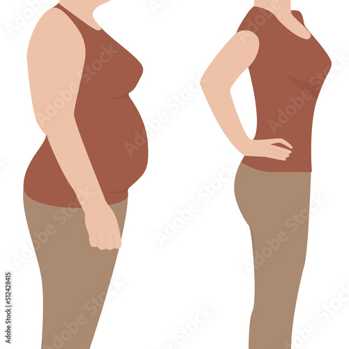 Before and after. Overweight woman and a woman with a slim waist. Flat. Vector.