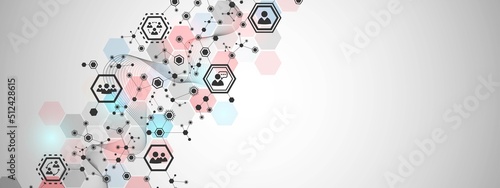 Vector background frame with icons. Symbols of people, communication, mobile network. Pattern of  glow hexagons, lines, wave. Plexus of puzzles. Chain molecules. Poster technology, business, science.