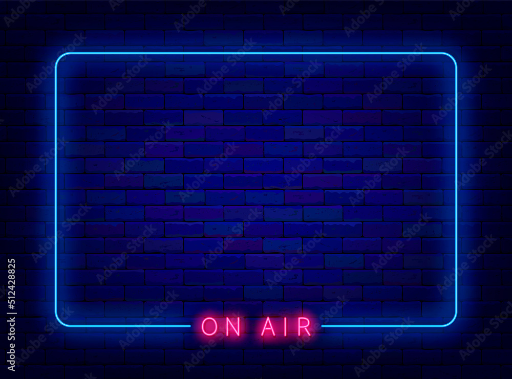 On air neon frame. Blue border on brick wall. Radio podcast. Live broadcast  advertising. Vector stock illustration Stock ベクター | Adobe Stock