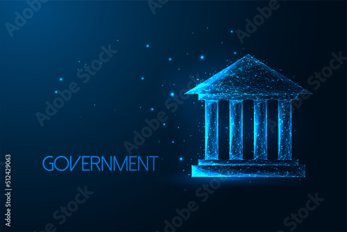 Concept of Governance with government building, courthouse in futuristic glowing style on dark blue