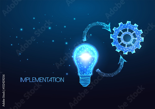 Concept implementation with lightbulb and cogwheel, gear and cycle arrows dark blue background